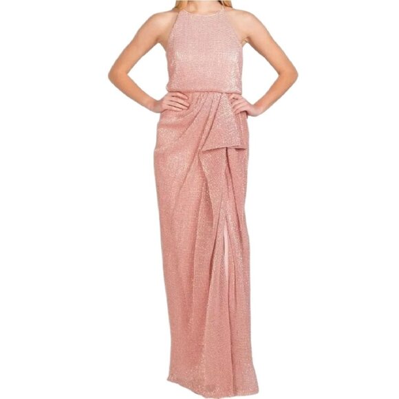 NWT Badgley Mischka Blush Pink Sequin Halter Gown Floor Length Dress Size 8 - Picture 1 of 14